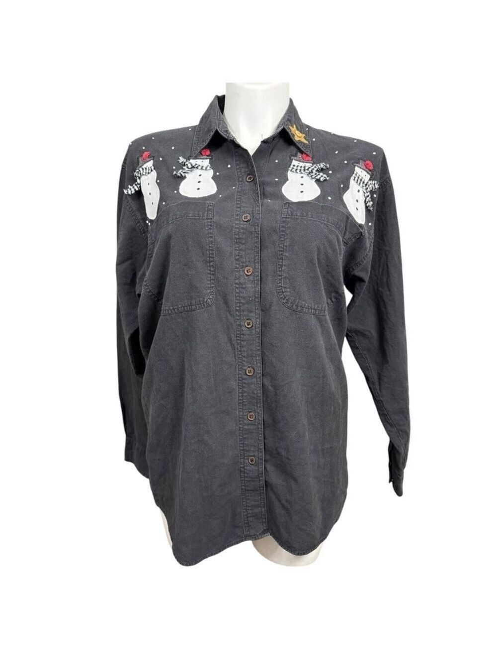 Blue Diamond Vintage Snowman Embroidered Button‎ Down Shirt Black XL 100% Cotton